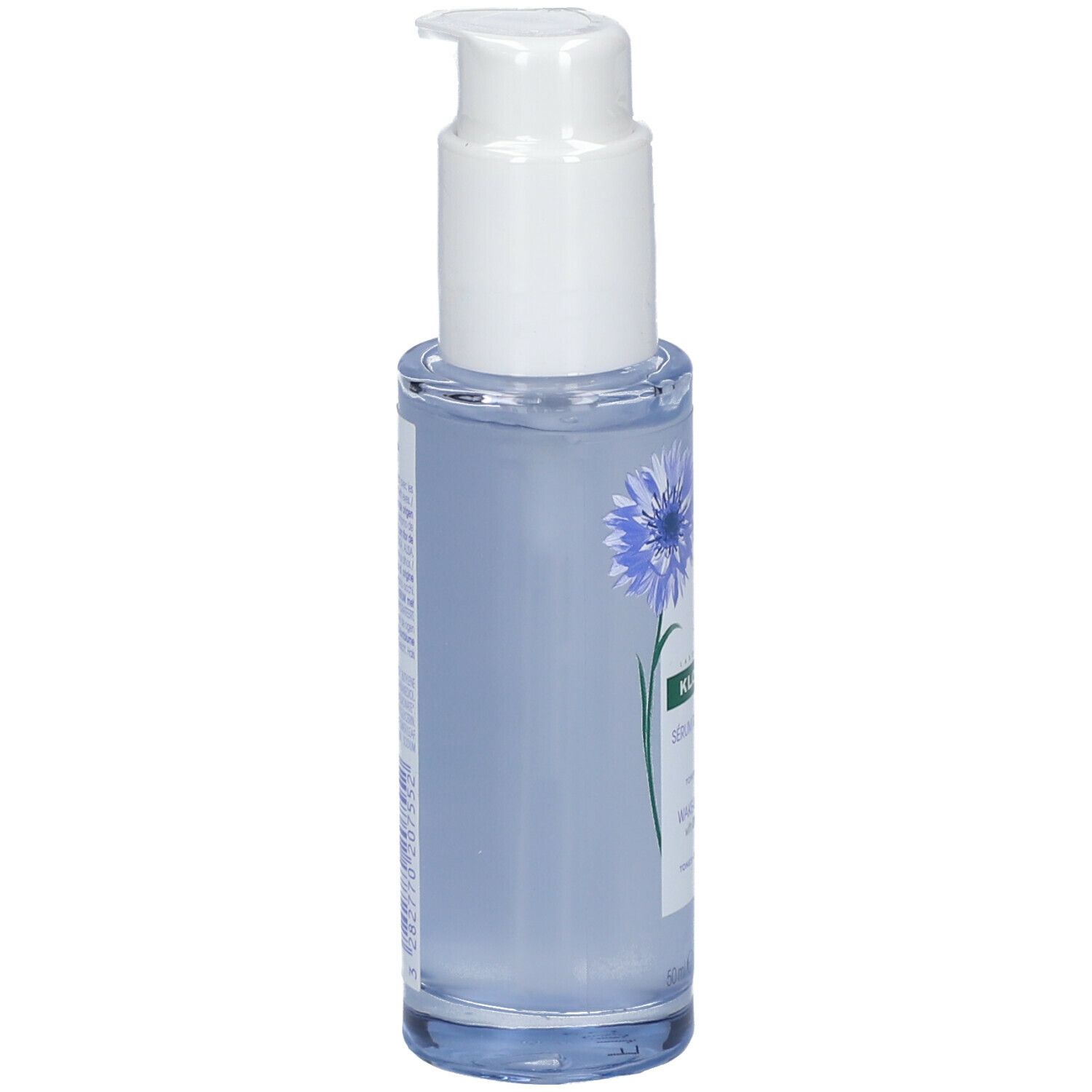 Seitenansicht der Flasche. Blau-transparente Flasche mit weißem Pumpkopf. Aufschrift und Illustration.