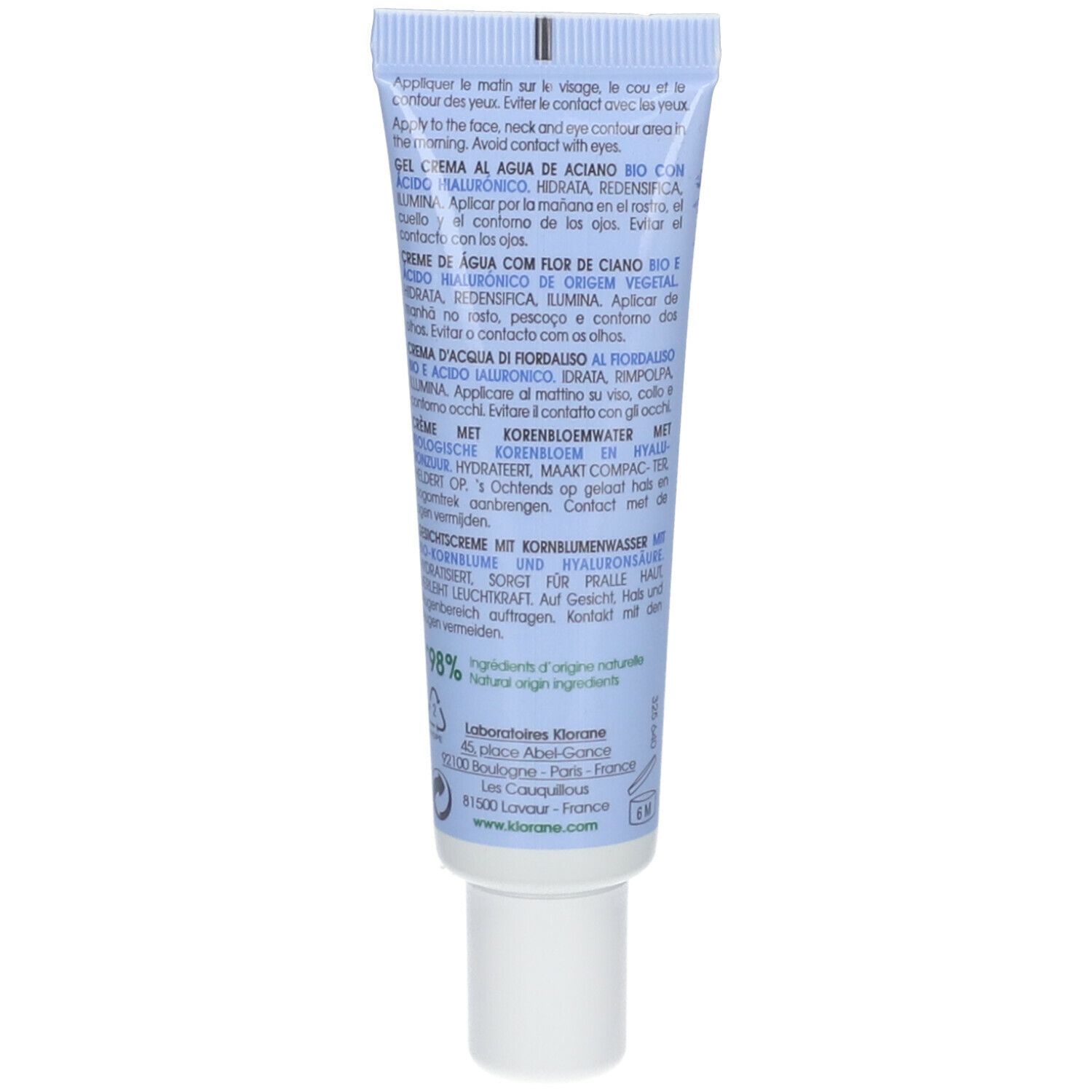 Dos du tube bleu clair. Texte en plusieurs langues. Contient des informations sur la Crème d'Eau de Bleuet.