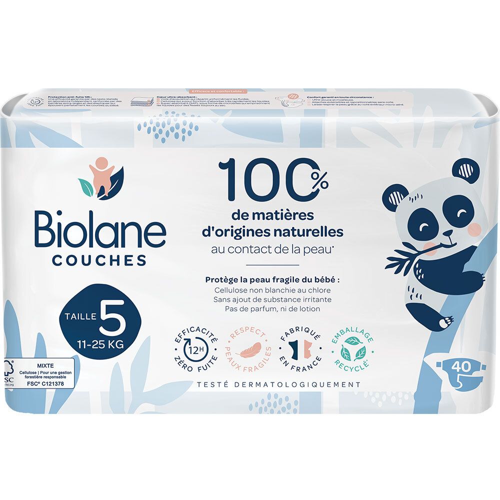 Biolane Windeln Gr. 5, 11-25 kg, 100% natürliche Materialien. Verpackung mit Panda-Motiv. 40 Stück.