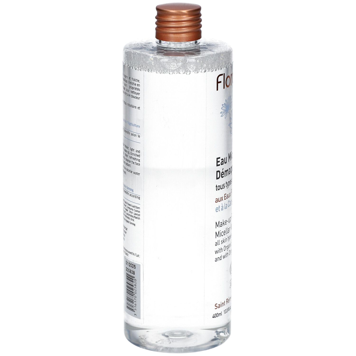 Flacon transparent avec bouchon marron. Étiquette avec texte. Vue arrière. Nom du produit: Eau Micellaire Démaquillante.