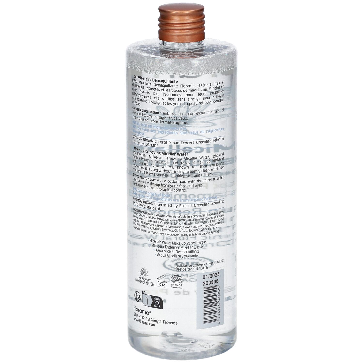 Flacon transparent avec bouchon marron. Étiquette avec texte. Vue arrière. Certification Bio. Nom du produit: Eau Micellaire.