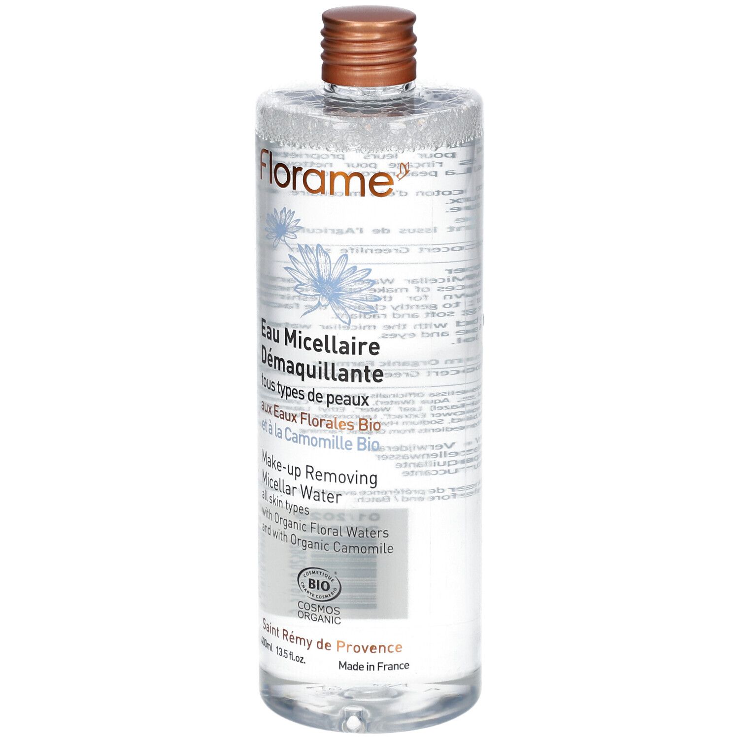 Flacon transparent avec bouchon marron. Inscription: Florame, Eau Micellaire Démaquillante. Certification Bio.