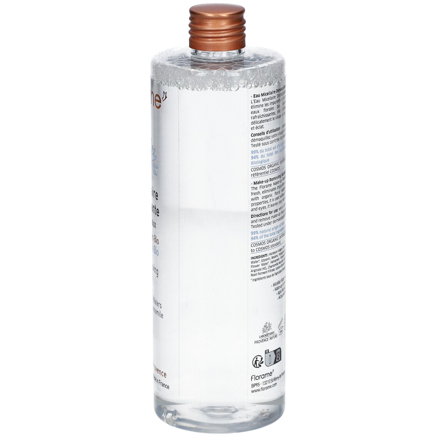 Flacon transparent avec bouchon marron. Étiquette avec texte. Vue arrière. Nom du produit: Eau Micellaire Démaquillante.