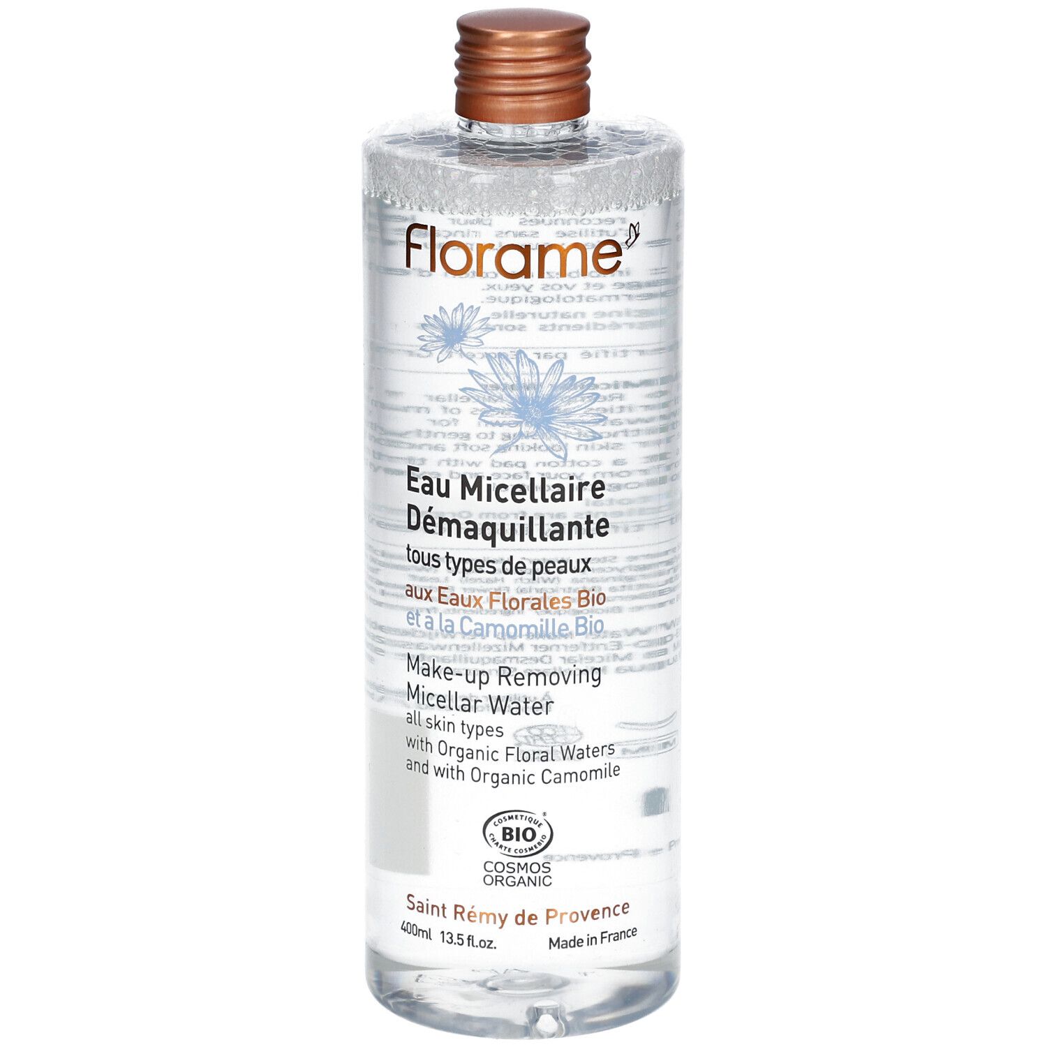 Flacon transparent avec bouchon marron. Inscription: Florame, Eau Micellaire Démaquillante. Certification Bio.