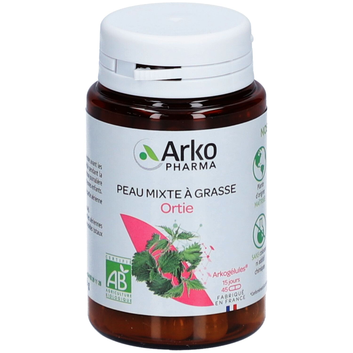 Flacon brun à bouchon blanc. Étiquette avec logo, nom du produit et illustration de feuilles. Certification AB.