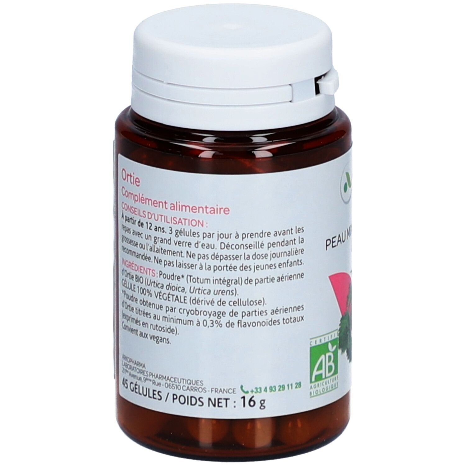 Dos du flacon. Texte avec informations produit et ingrédients. Certification AB. 45 gélules, 16g.