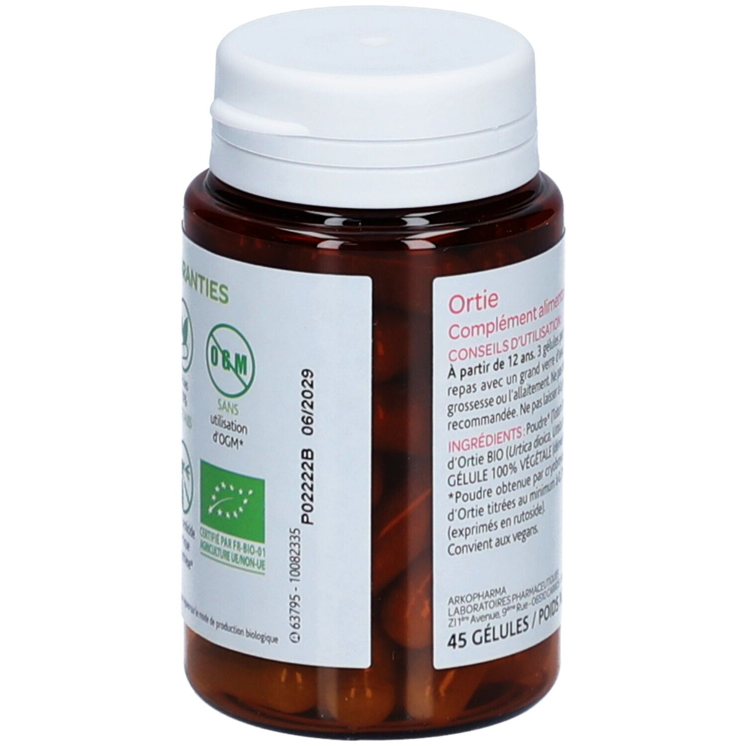 Dos du flacon. Texte avec informations produit et ingrédients. Certification AB. Date de péremption 06/2029.