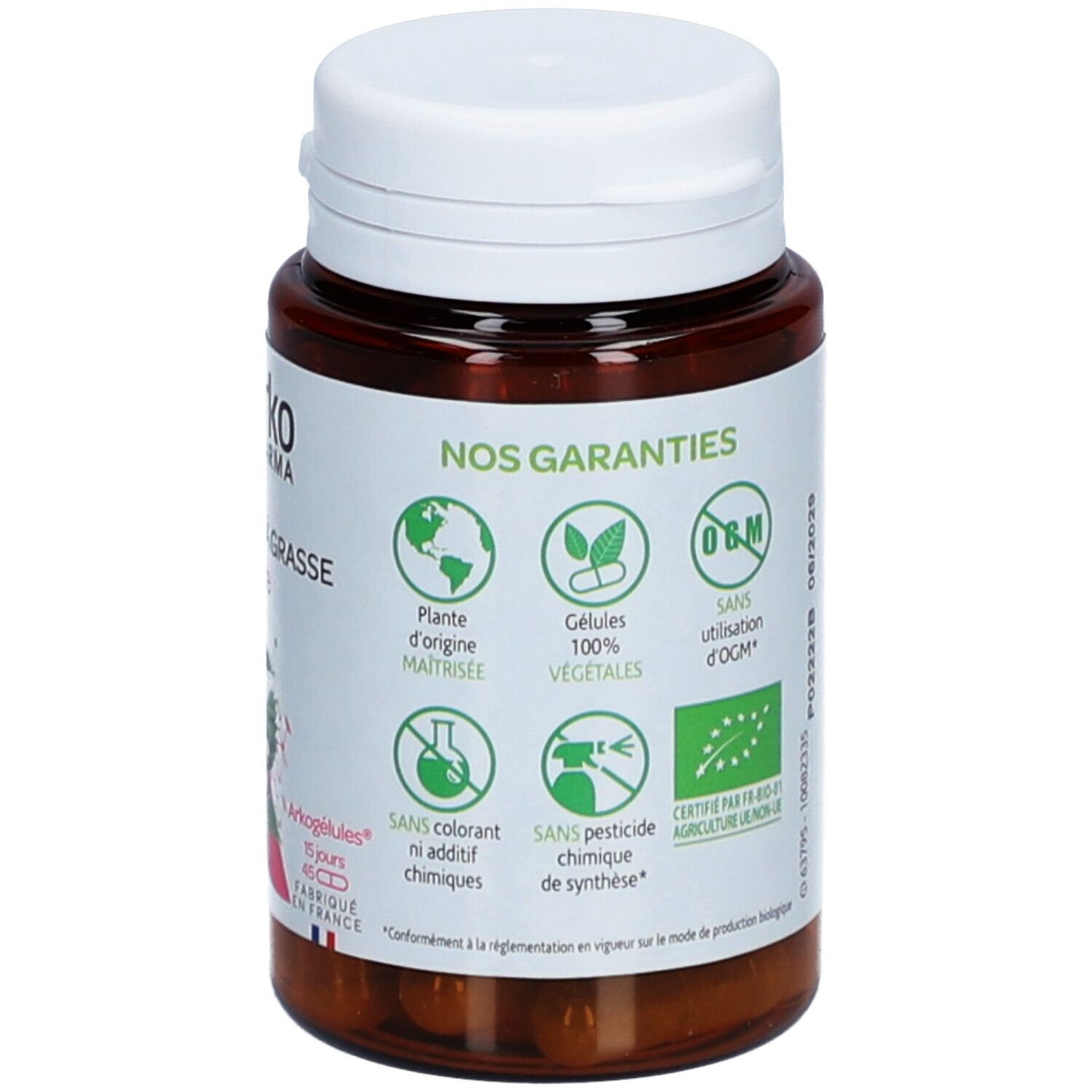 Dos du flacon. Texte avec garanties produit. Logos pour gélules végétales, sans OGM, sans additifs.