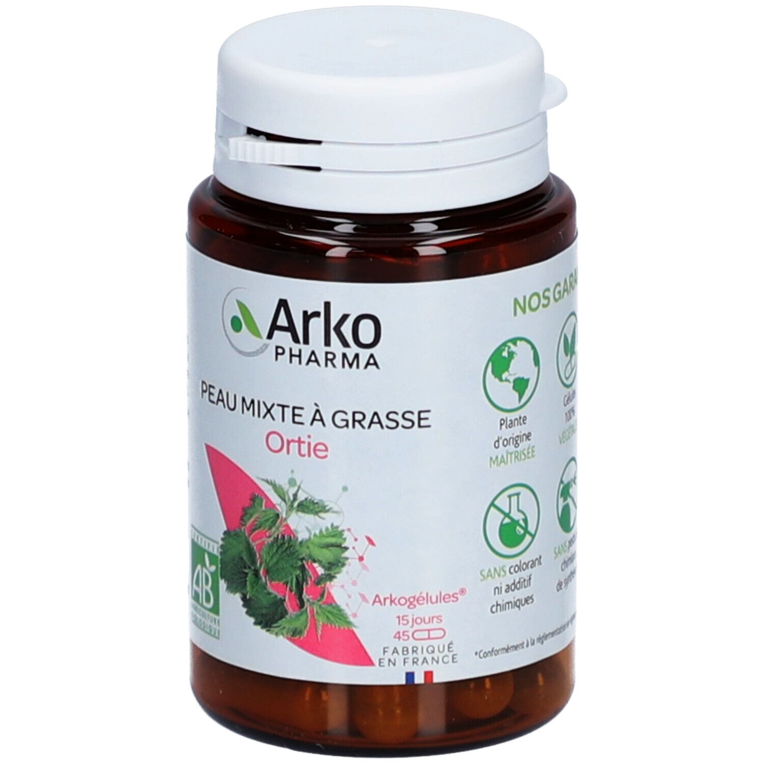 Flacon brun à bouchon blanc. Étiquette avec logo, nom du produit et illustration de feuilles. Certification AB.