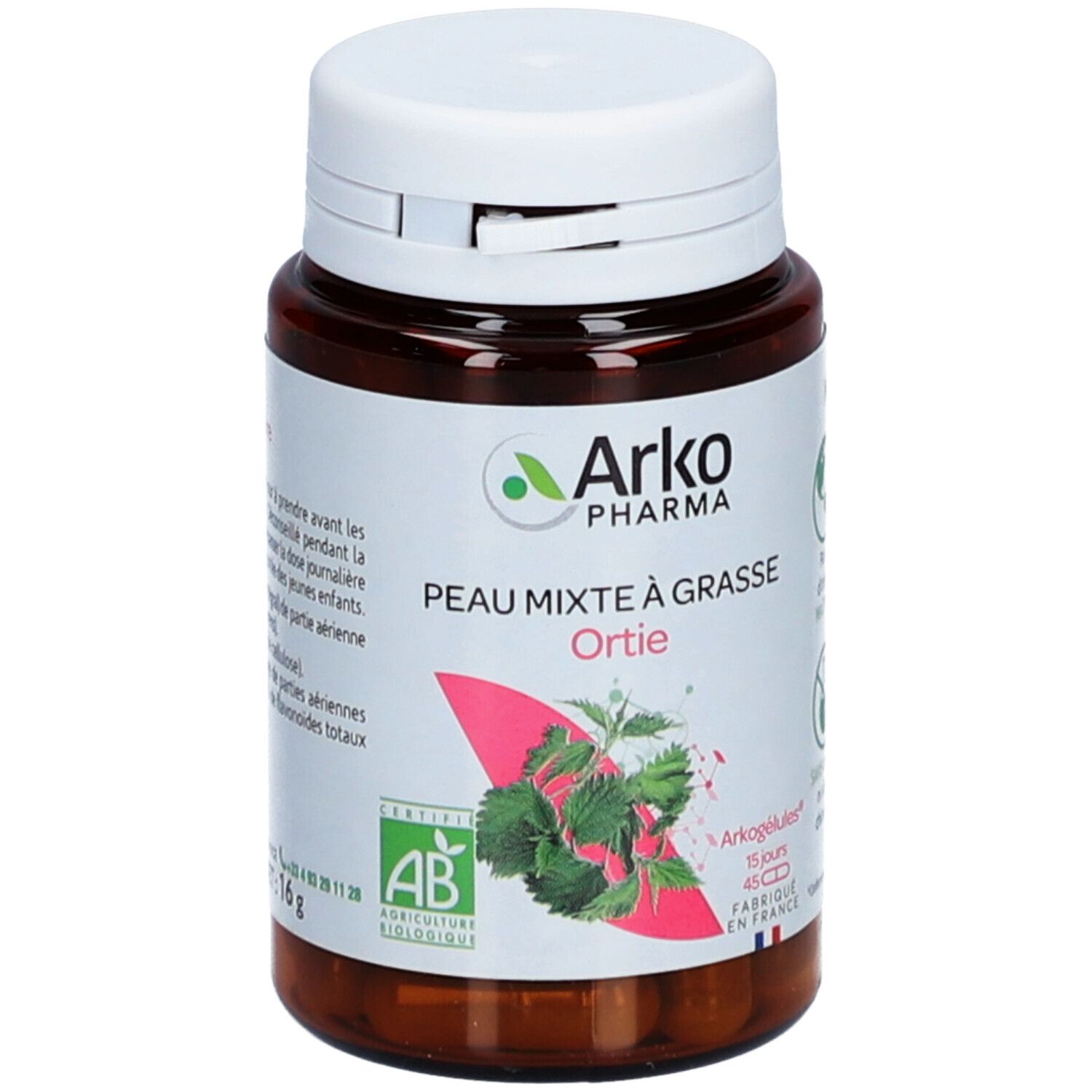 Flacon brun à bouchon blanc. Étiquette avec logo, nom du produit et illustration de feuilles. Certification AB.