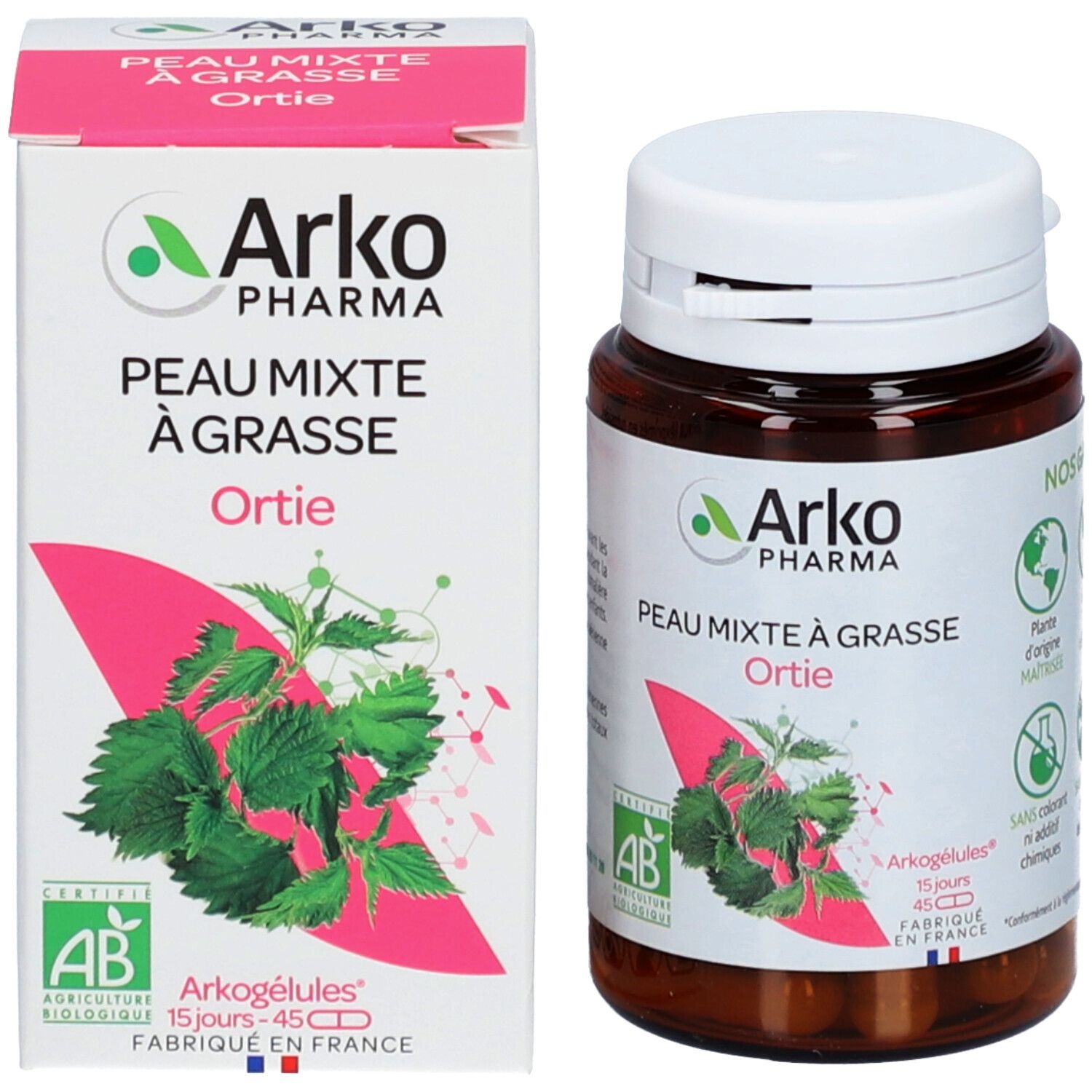 Emballage du produit avec flacon et boîte. Boîte avec logo, nom du produit et illustration de feuilles. Certification AB.