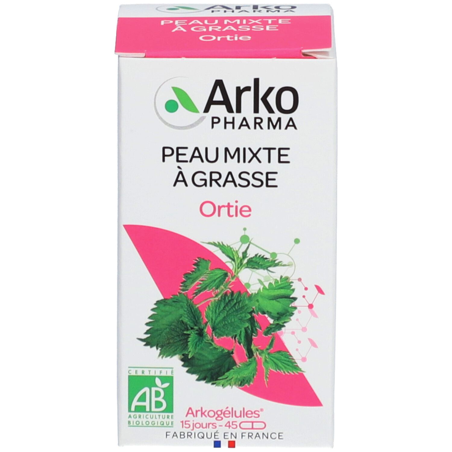 Emballage carton. Logo, nom du produit et illustration de feuilles. Certification AB. 15 jours, 45 gélules.