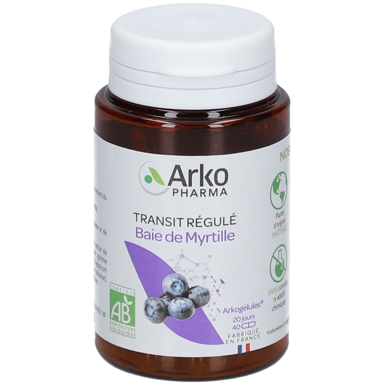 Braune Flasche mit weißen Deckel. Aufschrift: Arko Pharma, Baie de Myrtille. Mit Bio-Zertifizierung.