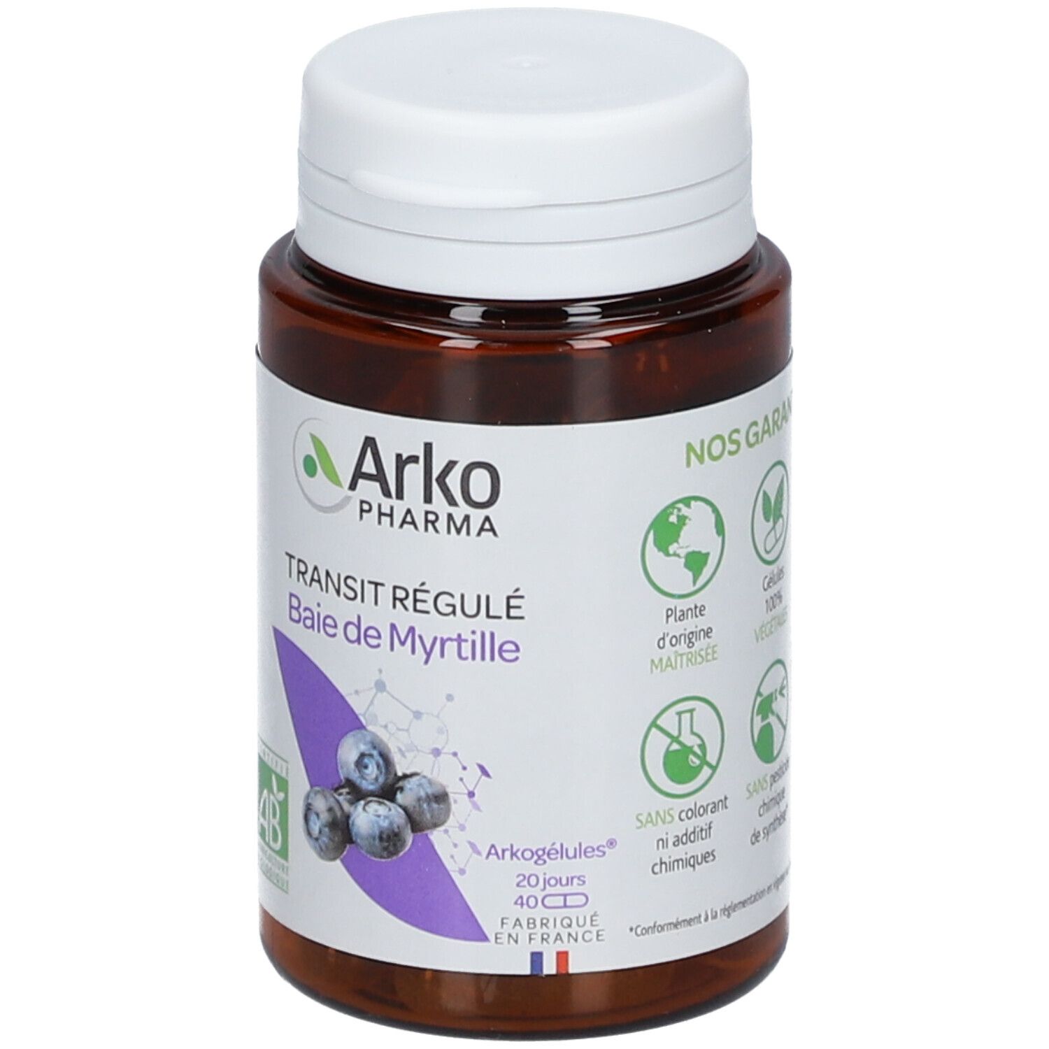 Braune Flasche mit weißem Deckel. Aufschrift: Arko Pharma, Transit Régulé, Baie de Myrtille. Bio-Zertifizierung.