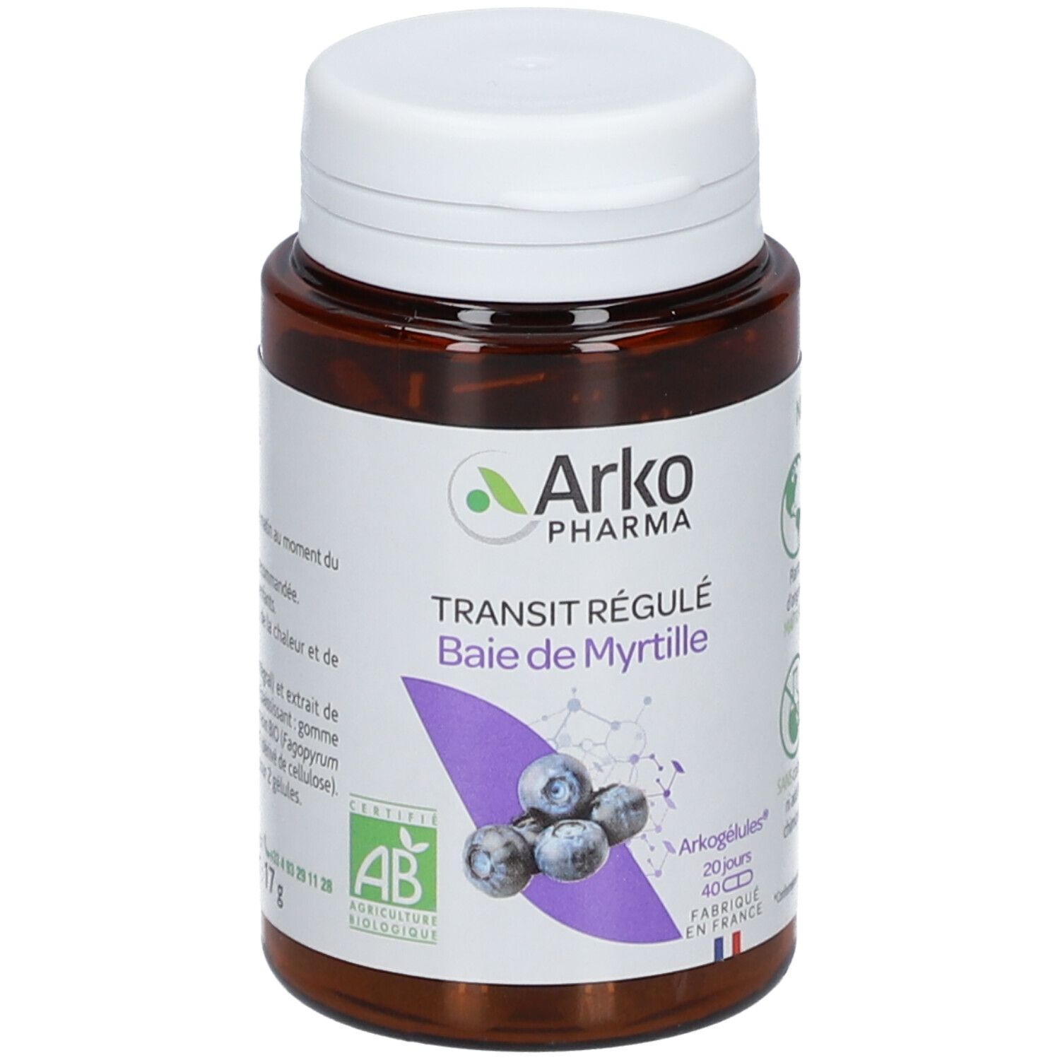 Braune Flasche mit weißem Deckel. Aufschrift: Arko Pharma, Transit Régulé, Baie de Myrtille. Bio-Zertifizierung.