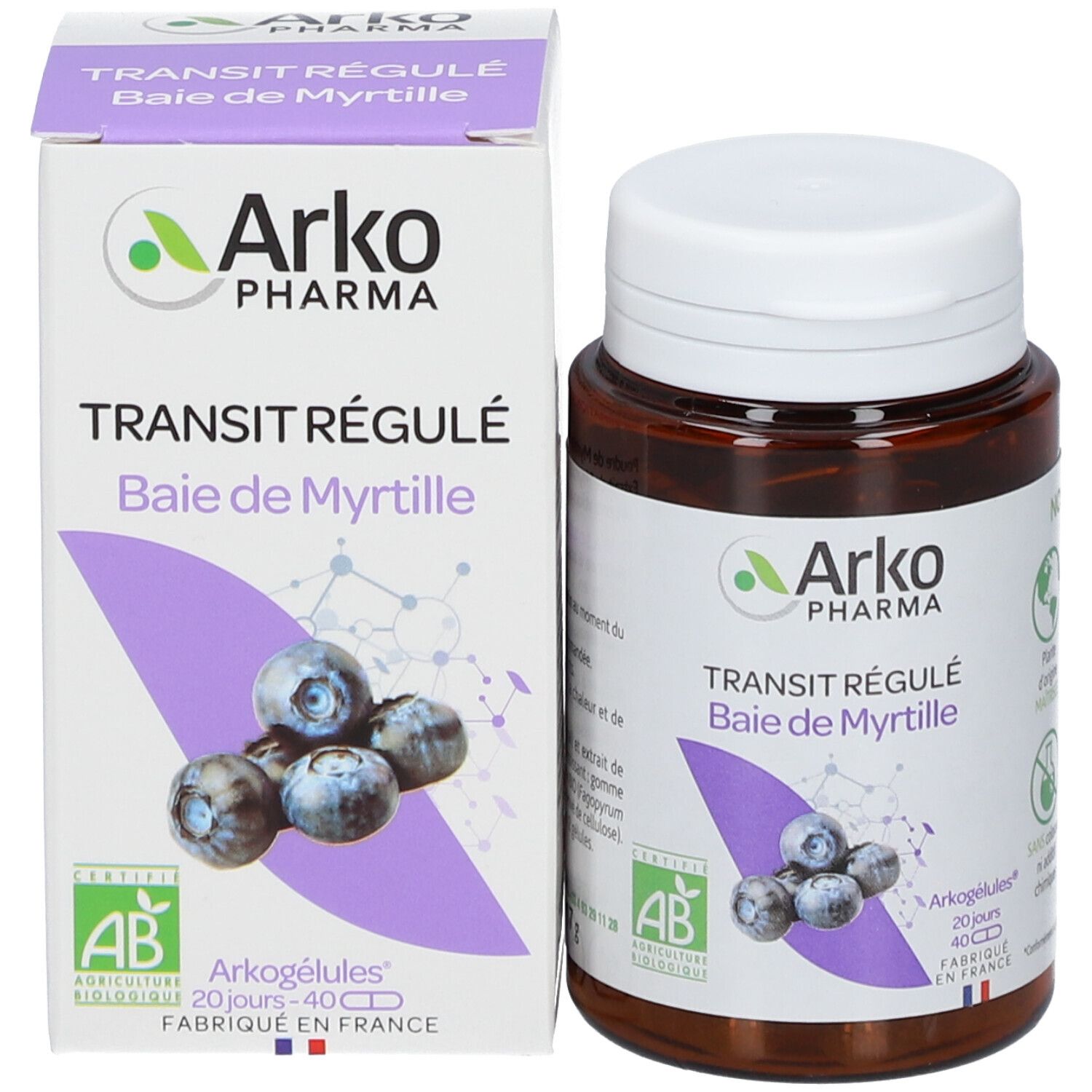 Produktverpackung und Flasche. Aufschrift: Arko Pharma, Transit Régulé, Baie de Myrtille. Bio-Zertifizierung.