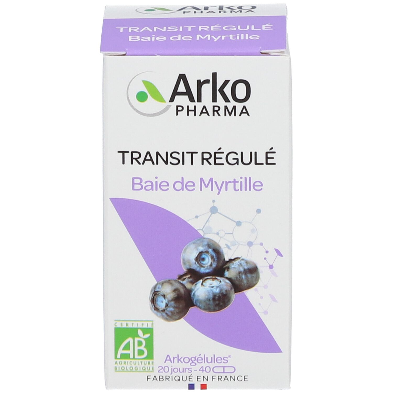 Produktverpackung. Aufschrift: Arko Pharma, Transit Régulé, Baie de Myrtille. Bio-Zertifizierung.