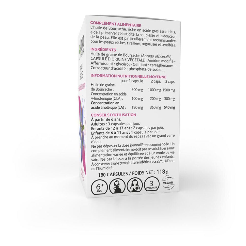 Rückseite der Produktverpackung. Text in französischer Sprache. Enthält Informationen zu Inhaltsstoffen und Anwendung.