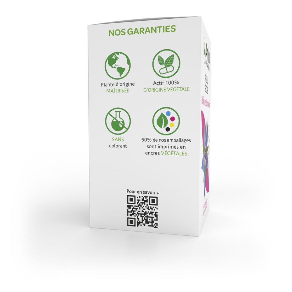 Seite der Produktverpackung. Logos: Umwelt, pflanzlichen Ursprungs, ohne Farbstoffe, pflanzliche Tinten. QR-Code.