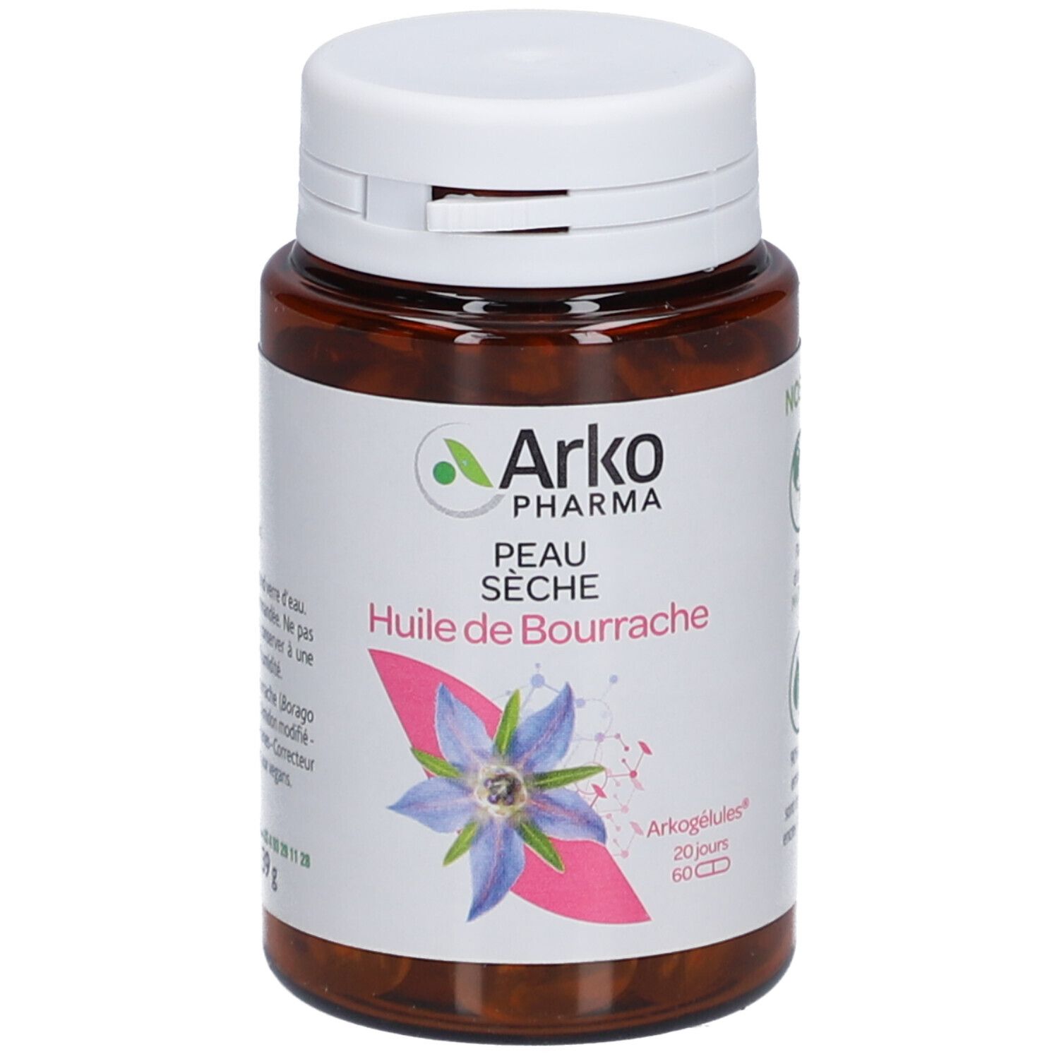 Braune Flasche mit weißem Deckel. Aufkleber mit Produktnamen, Marke Arko Pharma und Abbildung einer Blume. 60 Kapseln.