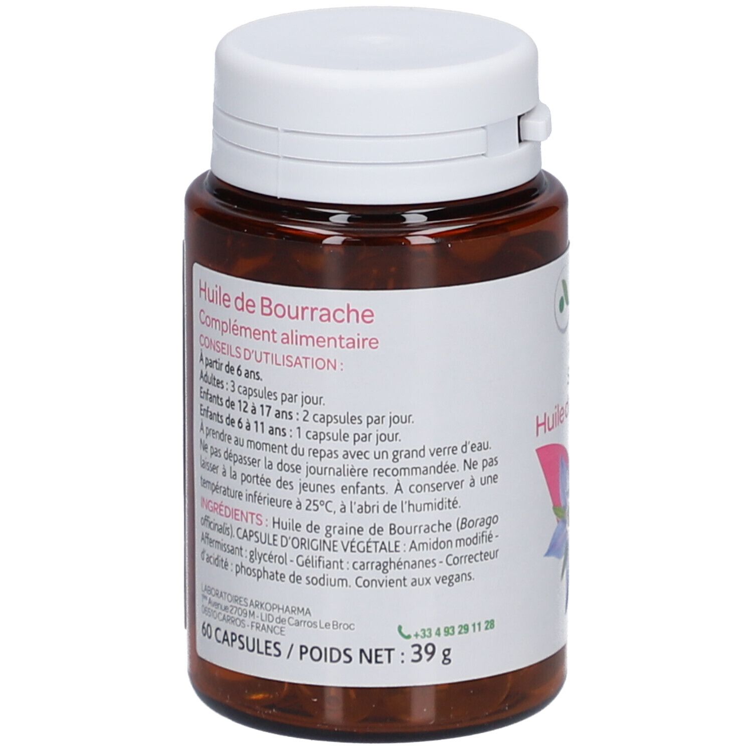 Rückseite der Flasche. Text mit Anwendungshinweisen, Inhaltsstoffen und Herstellerinformationen. 60 Kapseln, 39 g.