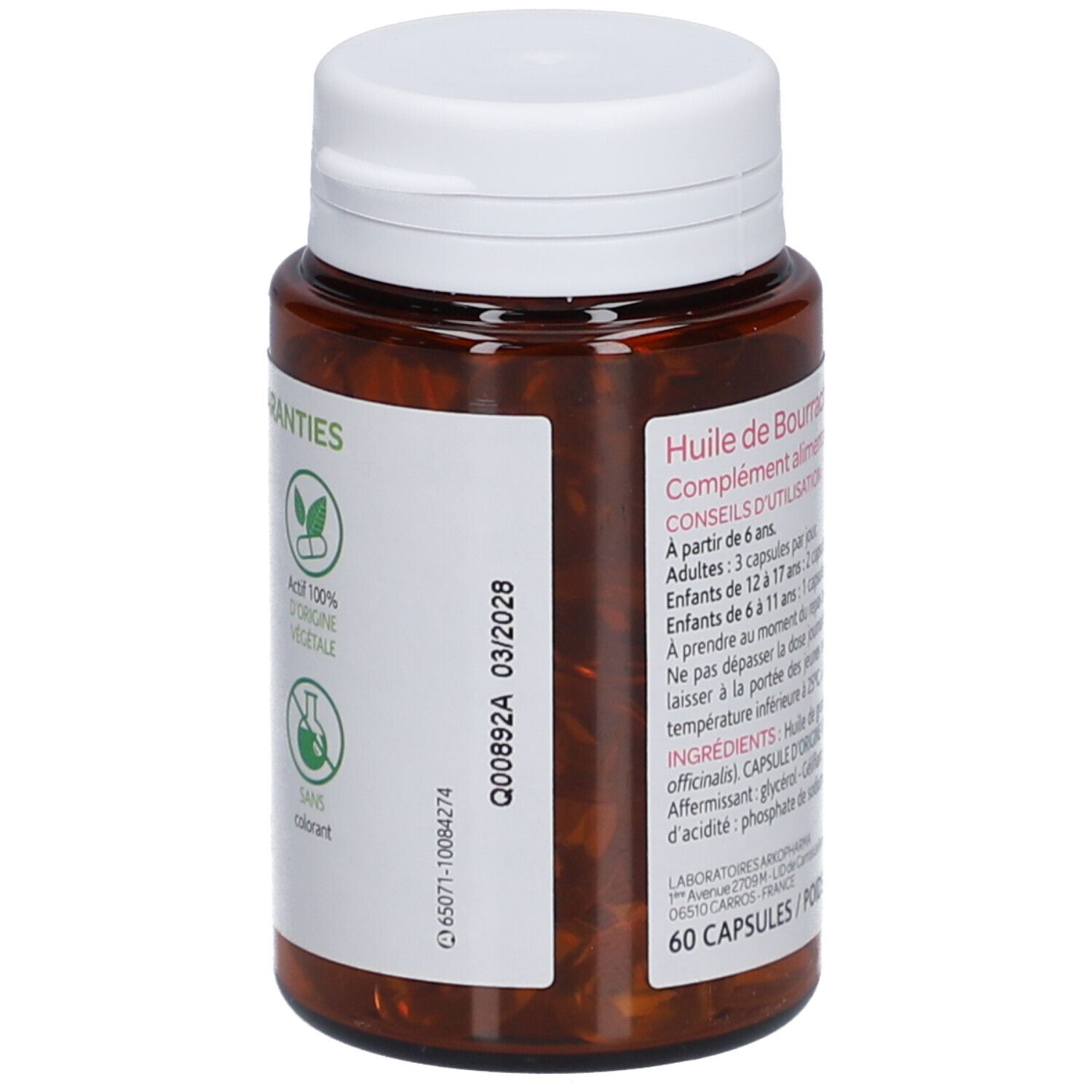 Rückseite der Flasche. Aufkleber mit Haltbarkeitsdatum und Logos. 60 Kapseln.