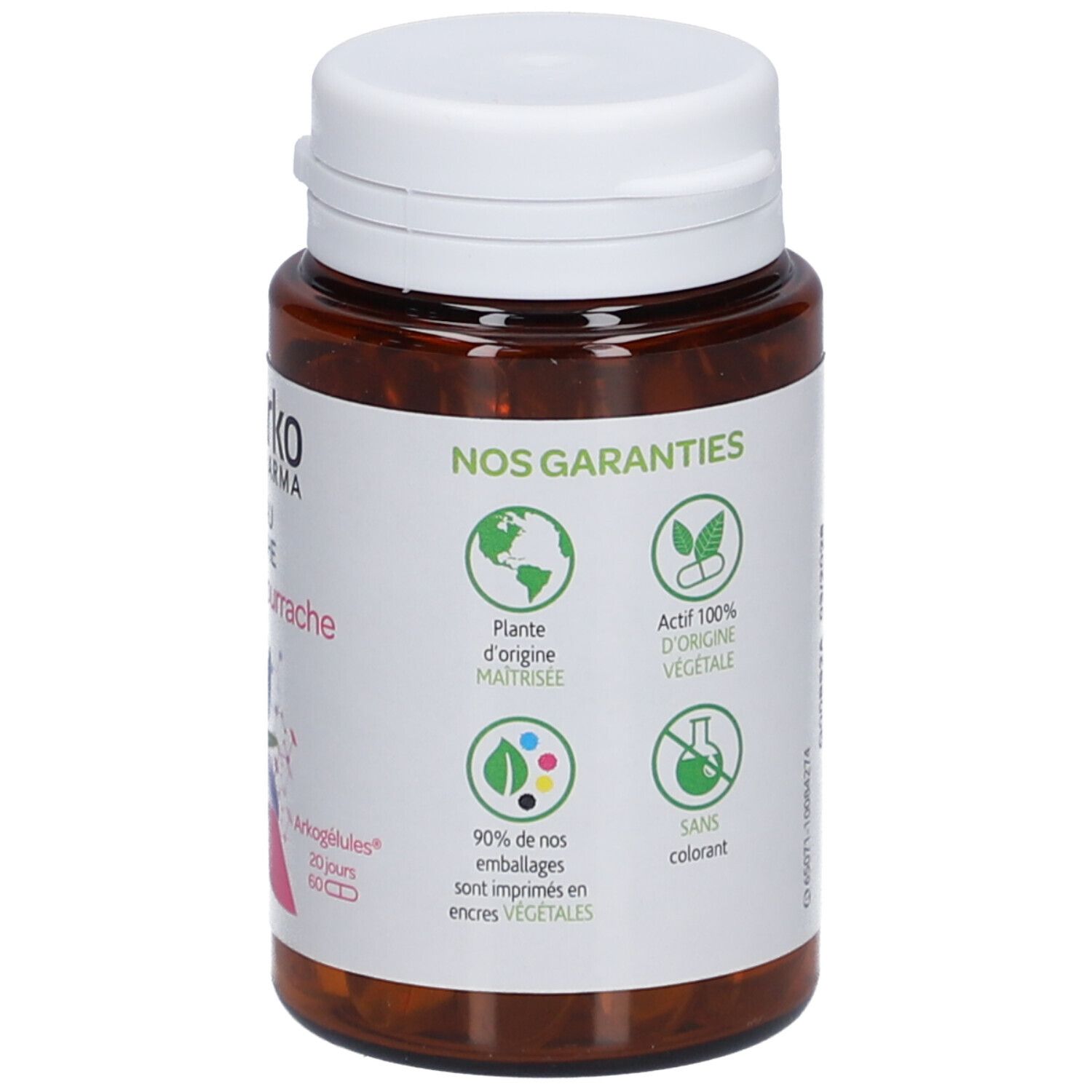 Rückseite der Flasche. Logos und Garantien: Pflanze aus kontrolliertem Anbau, 100% pflanzlichen Ursprungs, ohne Farbstoffe.