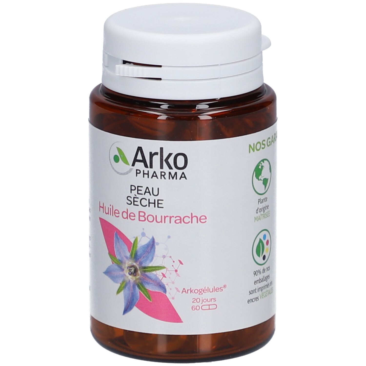 Braune Flasche mit weißem Deckel. Aufkleber mit Produktnamen, Marke Arko Pharma und Abbildung einer Blume. 60 Kapseln.