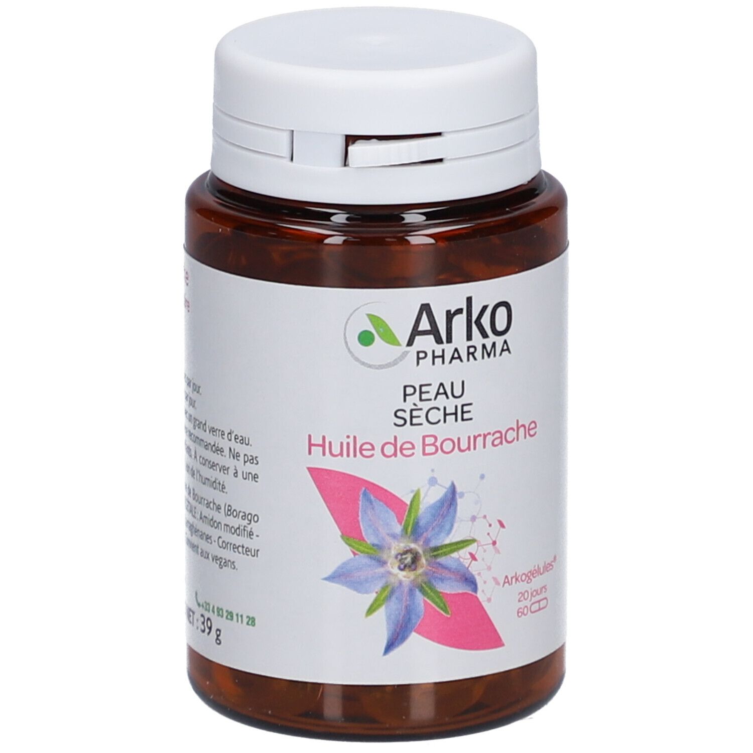 Braune Flasche mit weißem Deckel. Aufkleber mit Produktnamen, Marke Arko Pharma und Abbildung einer Blume. 60 Kapseln.