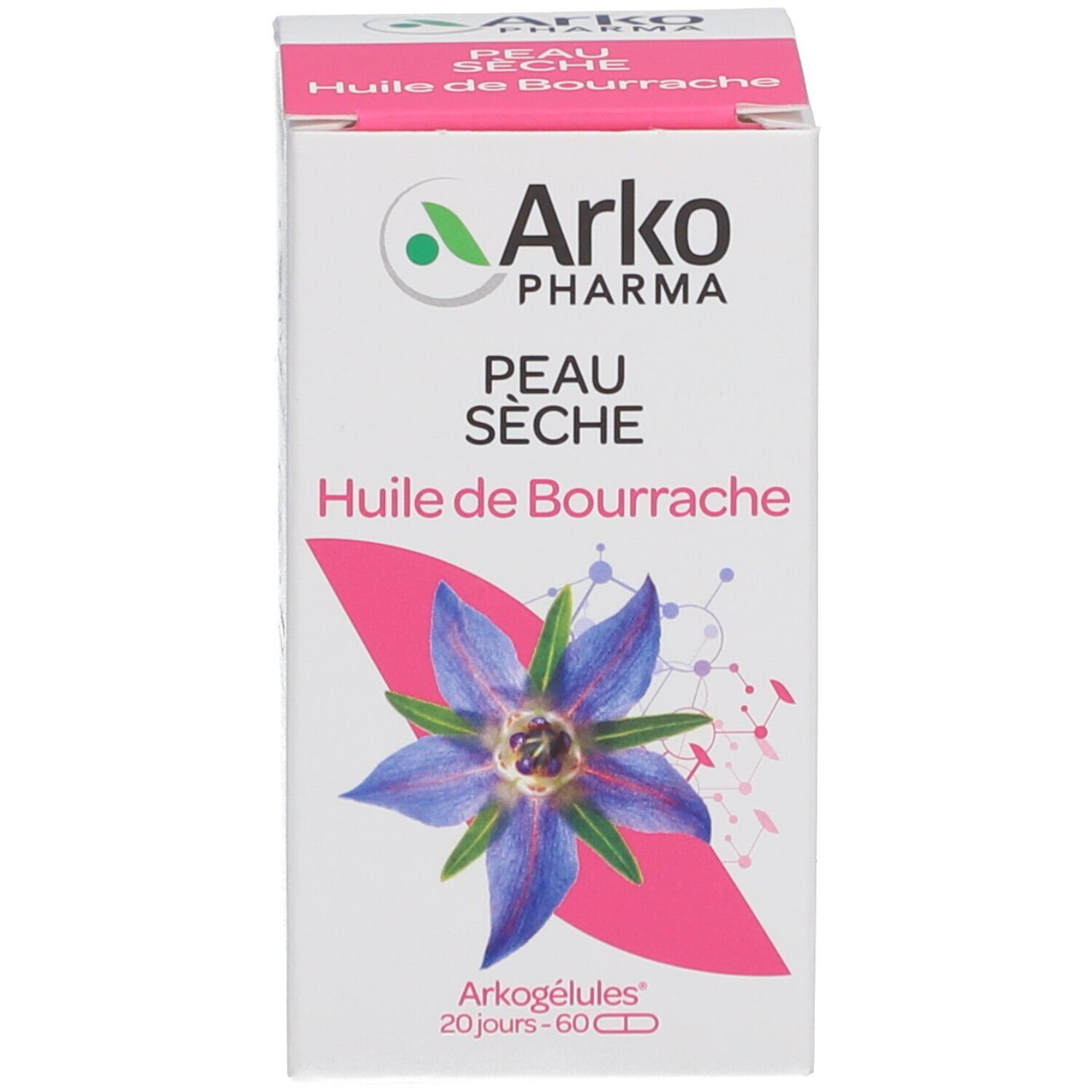 Produktverpackung. Schachtel mit Produktnamen, Marke Arko Pharma und Abbildung einer Blume. 60 Kapseln.