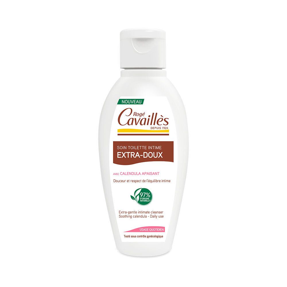 Flacon blanc avec bouchon rabattable. Inscription: Rogé Cavaillès, Soin Toilette Intime Extra-Doux. 97% d'ingrédients d'origine naturelle.