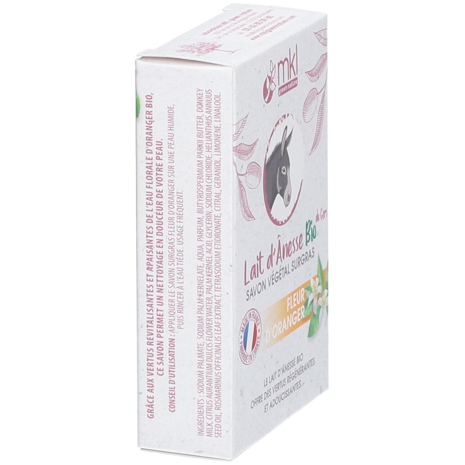 Boîte de savon avec ingrédients et conseils d'utilisation. Texte: "Lait d'Ânesse Bio - Fleur d'Oranger". Logo "mkl green nature".