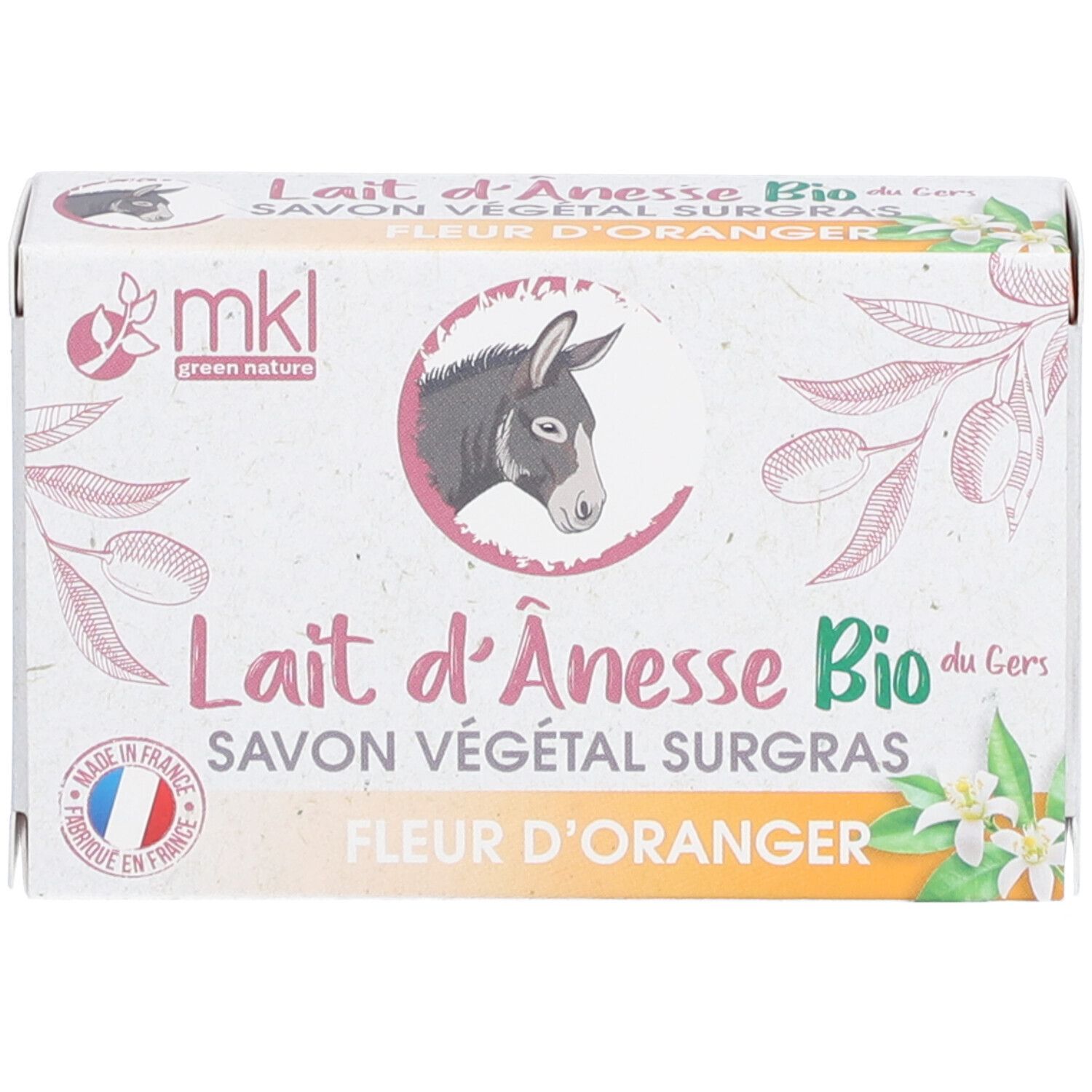 Boîte de savon "Lait d'Ânesse Bio - Fleur d'Oranger". Logo "mkl green nature", drapeau français. Visuel de branches d'olivier.