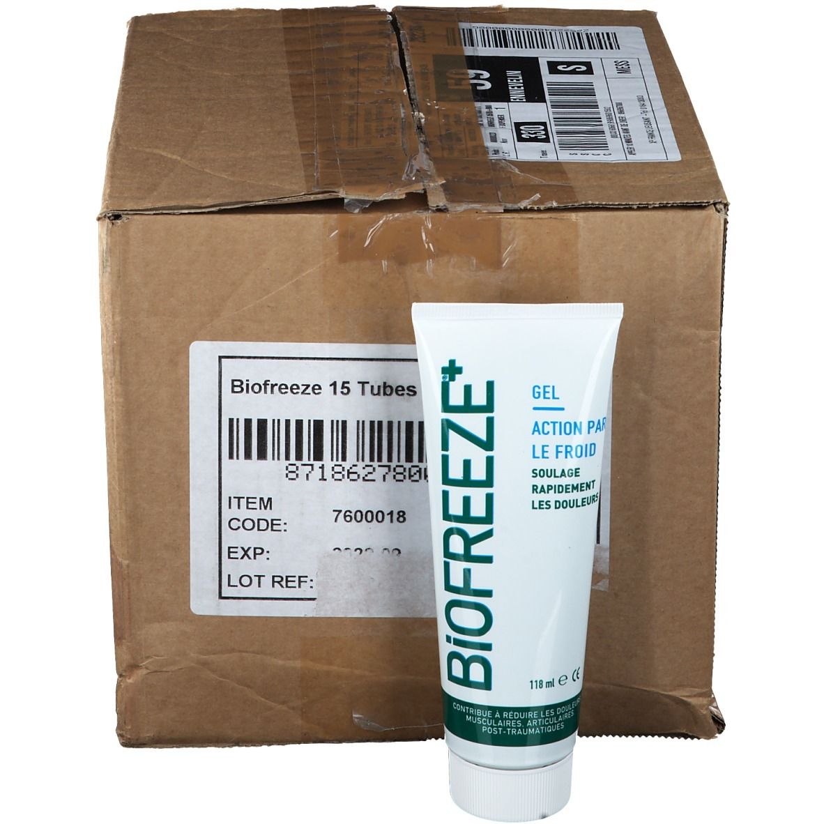Karton mit Aufkleber und Tube. Tube: Weiß, grün, "BIOFREEZE+" und "GEL ACTION PAR LE FROID".