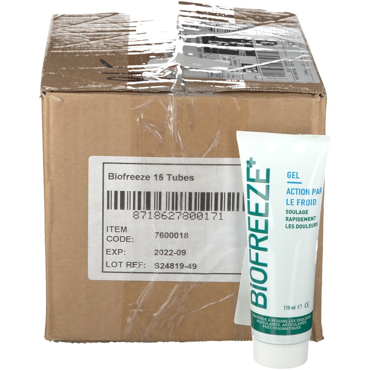 Karton mit Aufkleber und Tube. Tube: Weiß, grün, "BIOFREEZE+" und "GEL ACTION PAR LE FROID". 118 ml.