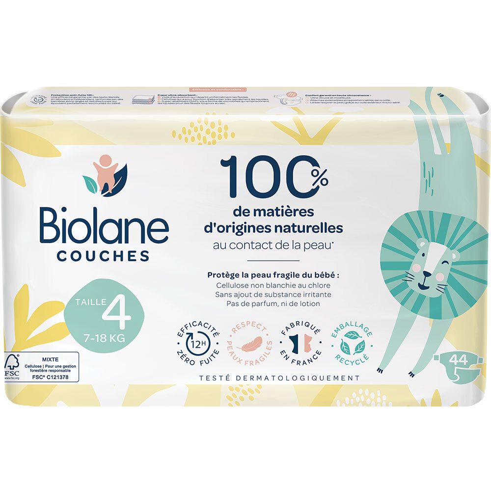 Paquet de couches Biolane Taille 4, 7-18 kg. 44 couches. 100% matières naturelles. Certifié FSC.