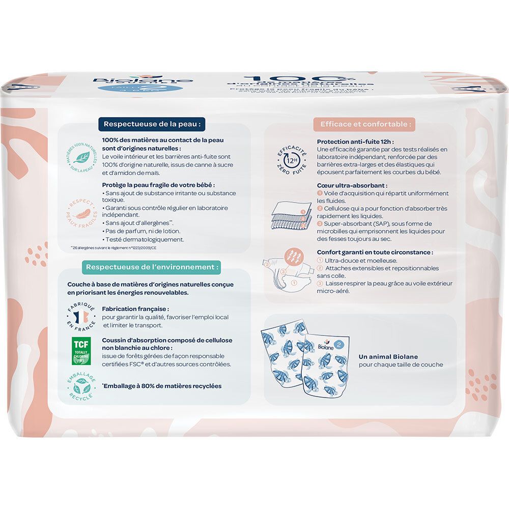 Rückseite der Biolane Windelverpackung. Informationen zu Materialien, Eigenschaften und Zertifizierungen.