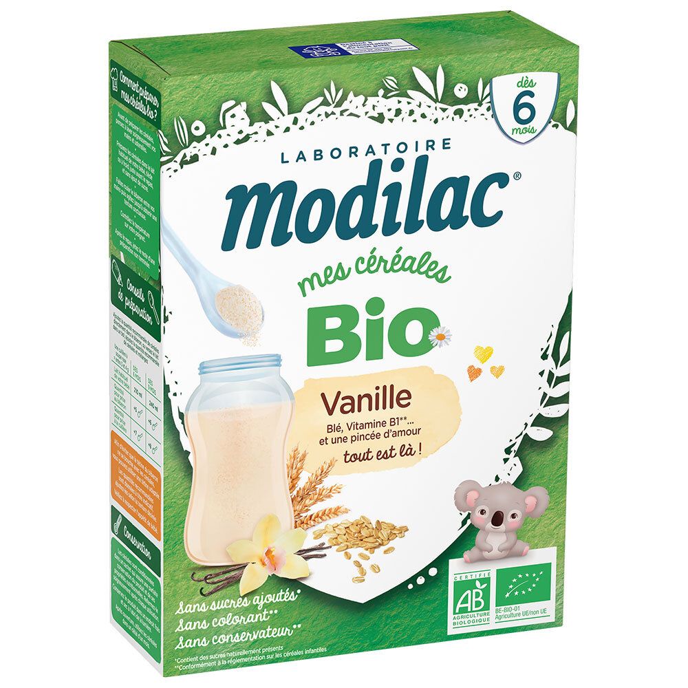Modilac Cerealien Vanille bio-Packung. Enthält Vanille, Getreide, Koala-Illustration und Bio-Siegel. Für Babys ab 6 Monaten.