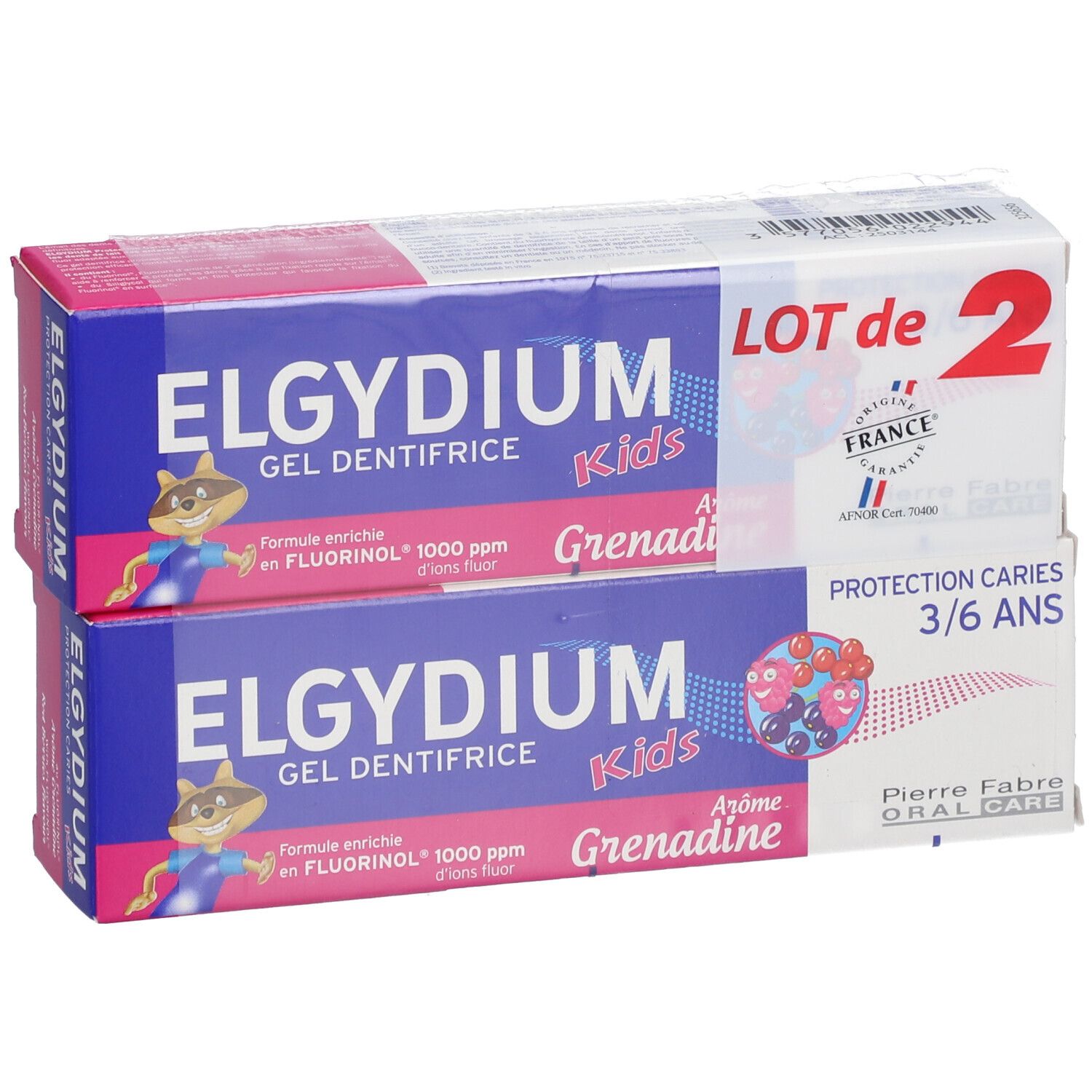 Zwei Zahnpasta-Packungen. Blaue und rosa Verpackung mit Text: ELGYDIUM Kids, Grenadine, 3/6 Jahre.