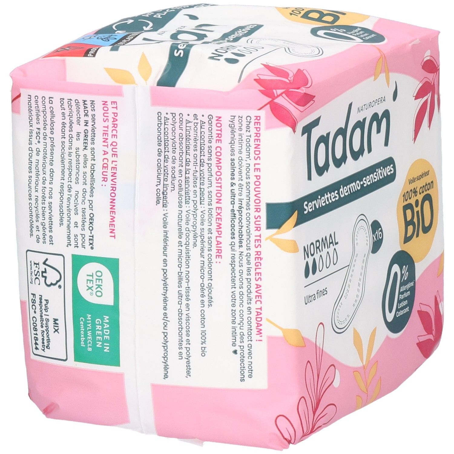 Serviettes Tadam Dermo-Sensitives Normal, 16 serviettes. Ultra fines, 100% coton bio.
