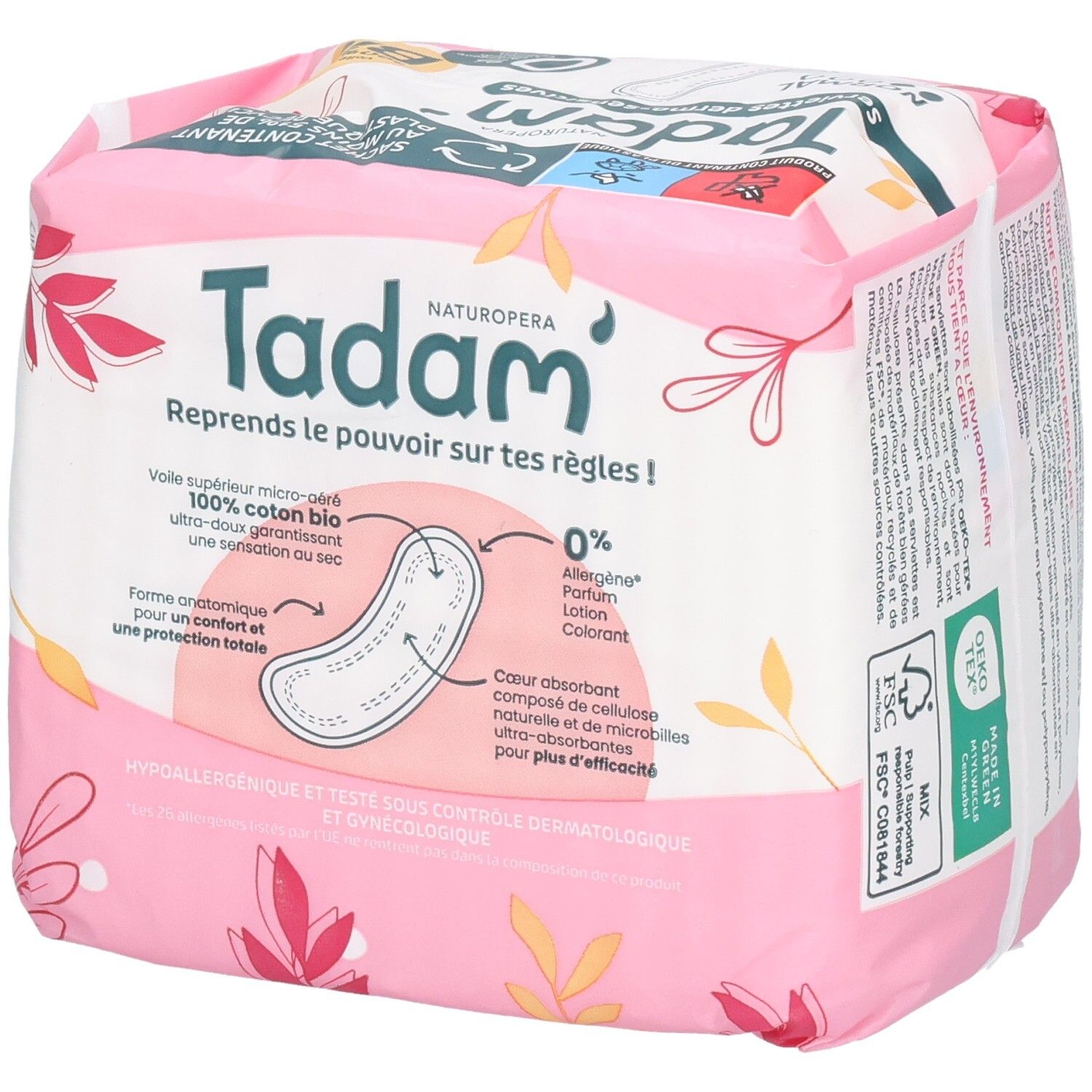 Serviettes Tadam Dermo-Sensitives Normal, 16 serviettes. Ultra fines, 100% coton bio.