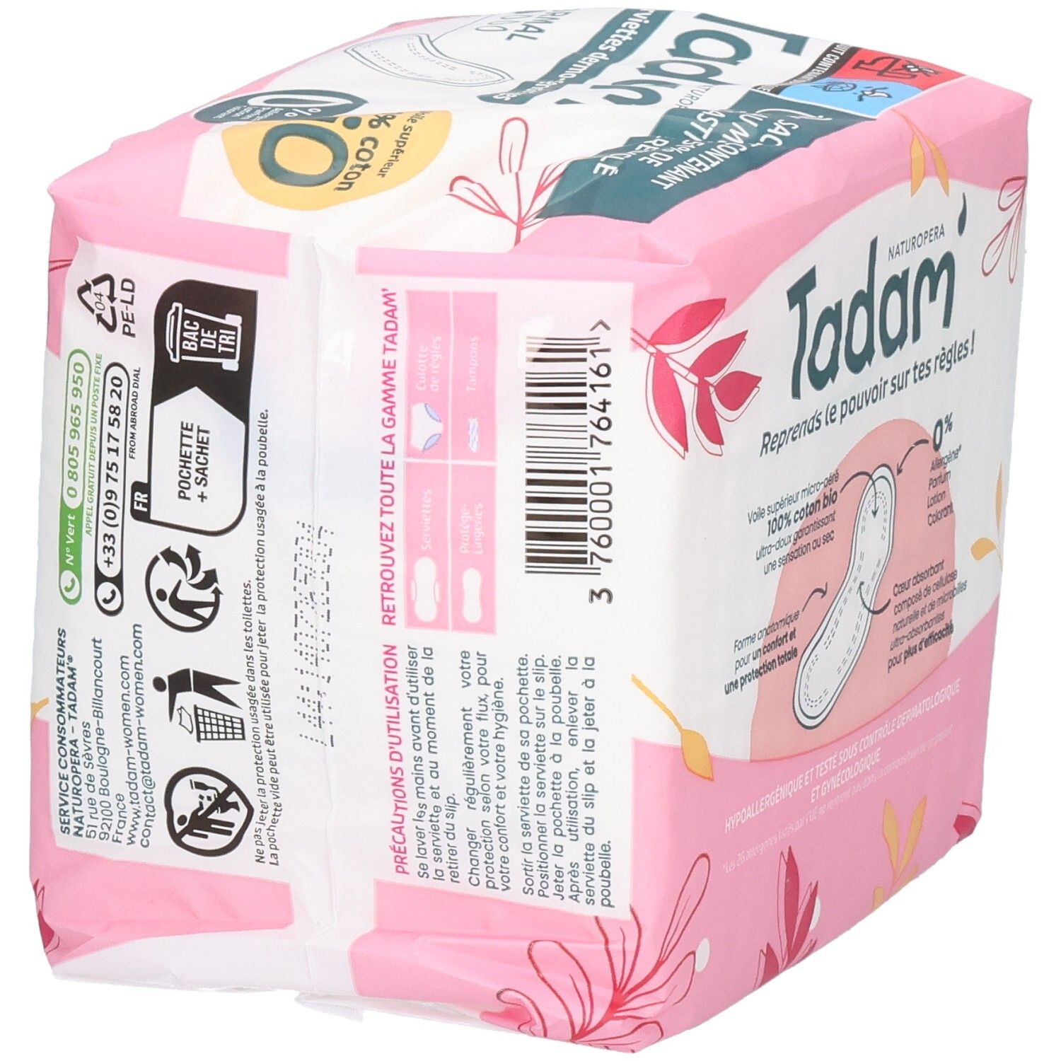 Serviettes Tadam Dermo-Sensitives Normal, 16 serviettes. Ultra fines, 100% coton bio.
