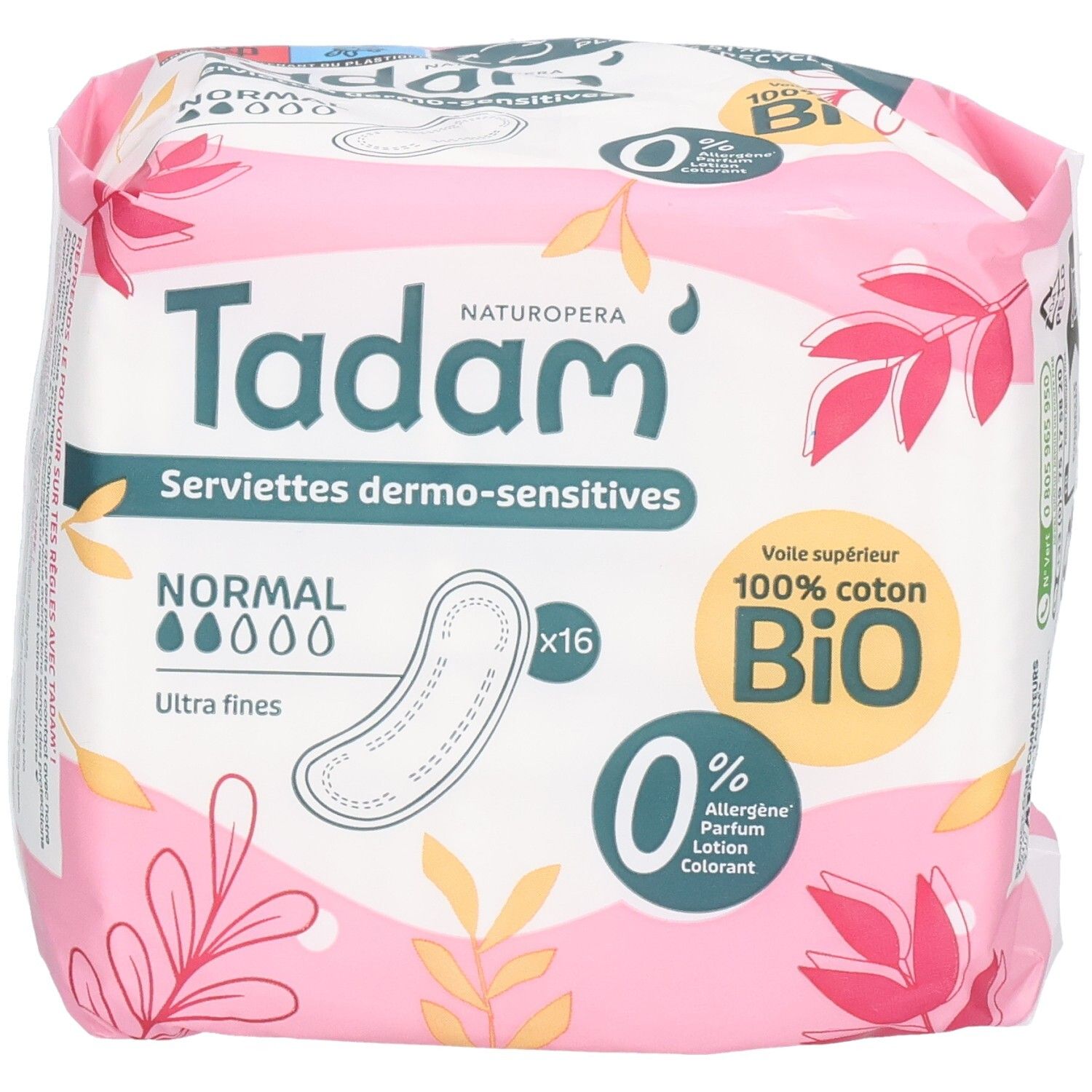 Serviettes Tadam Dermo-Sensitives Normal, 16 serviettes. Ultra fines, 100% coton bio.