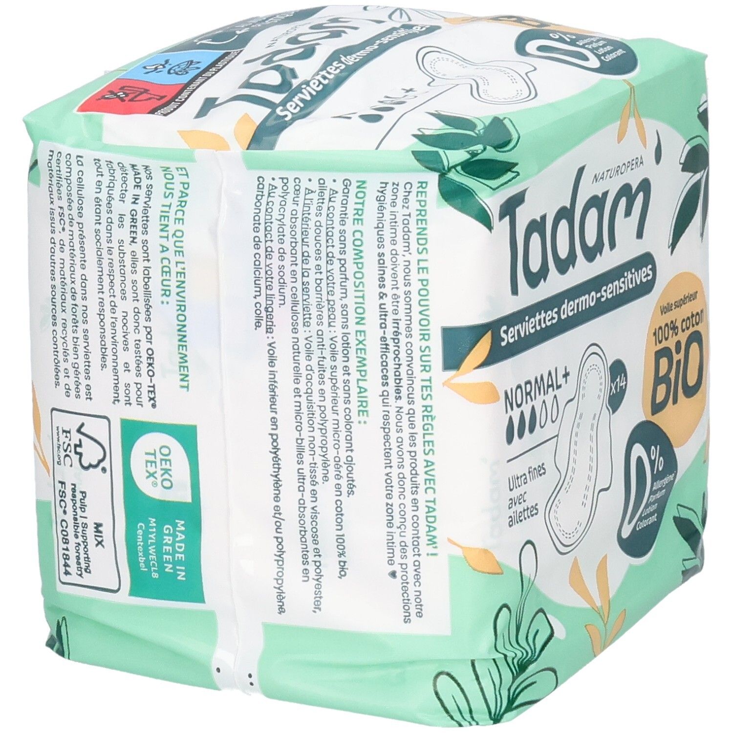 Tadam Serviettes Dermo-Sensitives Normal+, 14 serviettes. Voile supérieur 100% coton bio.