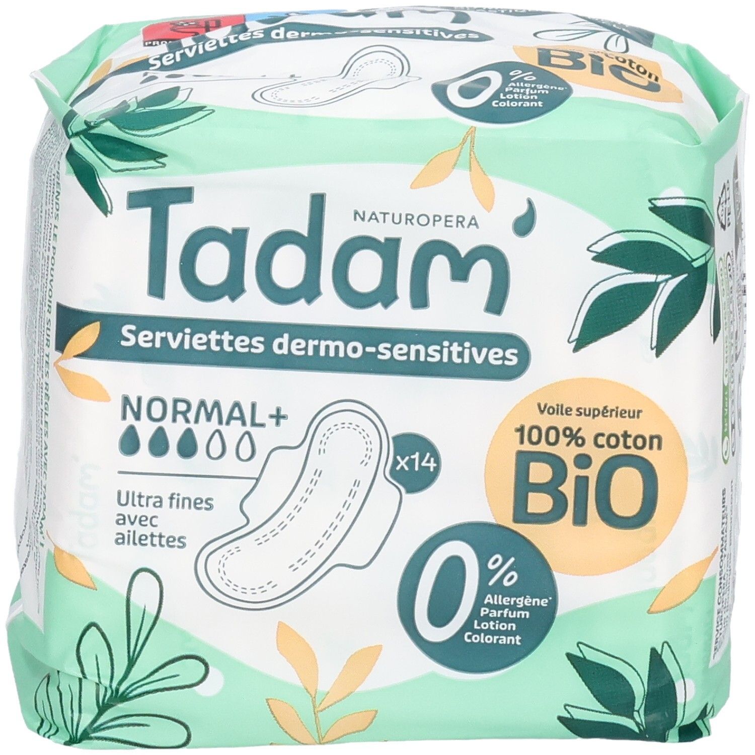 Tadam Serviettes Dermo-Sensitives Normal+, 14 serviettes. Voile supérieur 100% coton bio.