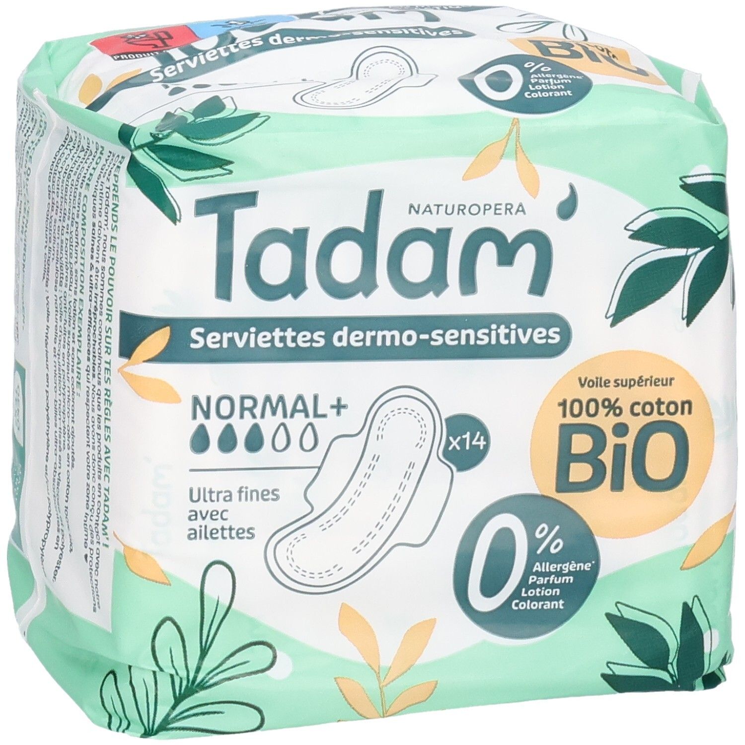 Tadam Serviettes Dermo-Sensitives Normal+, 14 serviettes. Voile supérieur 100% coton bio.