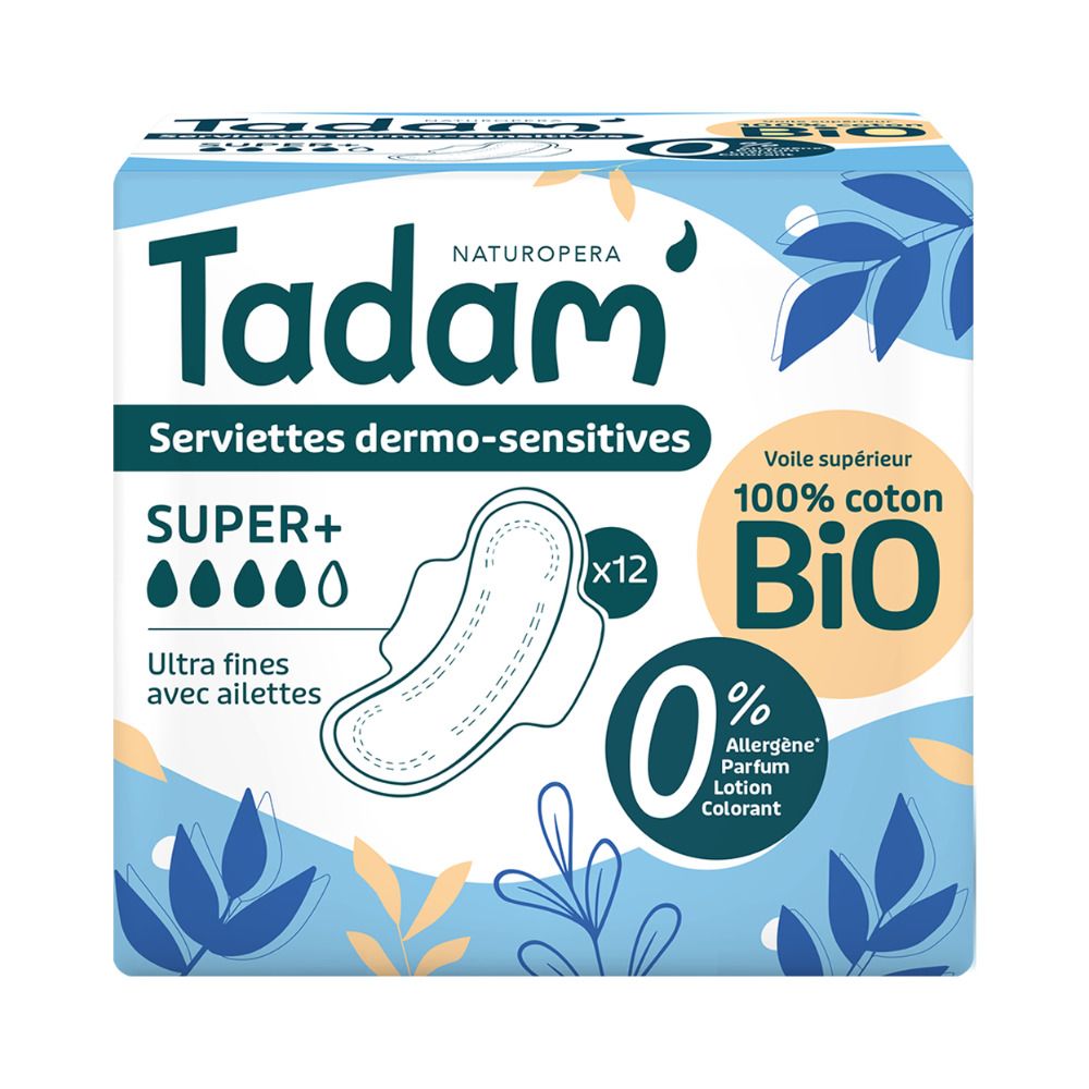 Verpackung Tadam Serviettes Dermo-Sensitives Super+, 12 ultrafeine Slipeinlagen mit Flügeln, 100% Bio-Baumwolle.