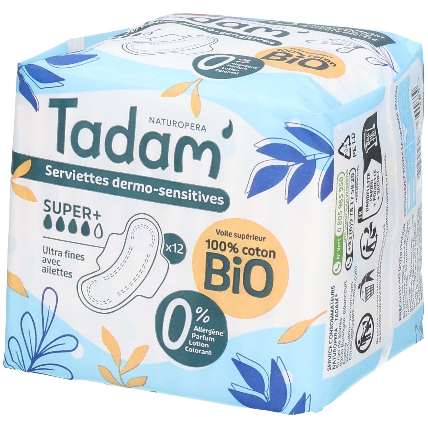 Verpackung Tadam Serviettes Dermo-Sensitives Super+, 12 ultrafeine Slipeinlagen mit Flügeln, 100% Bio-Baumwolle.