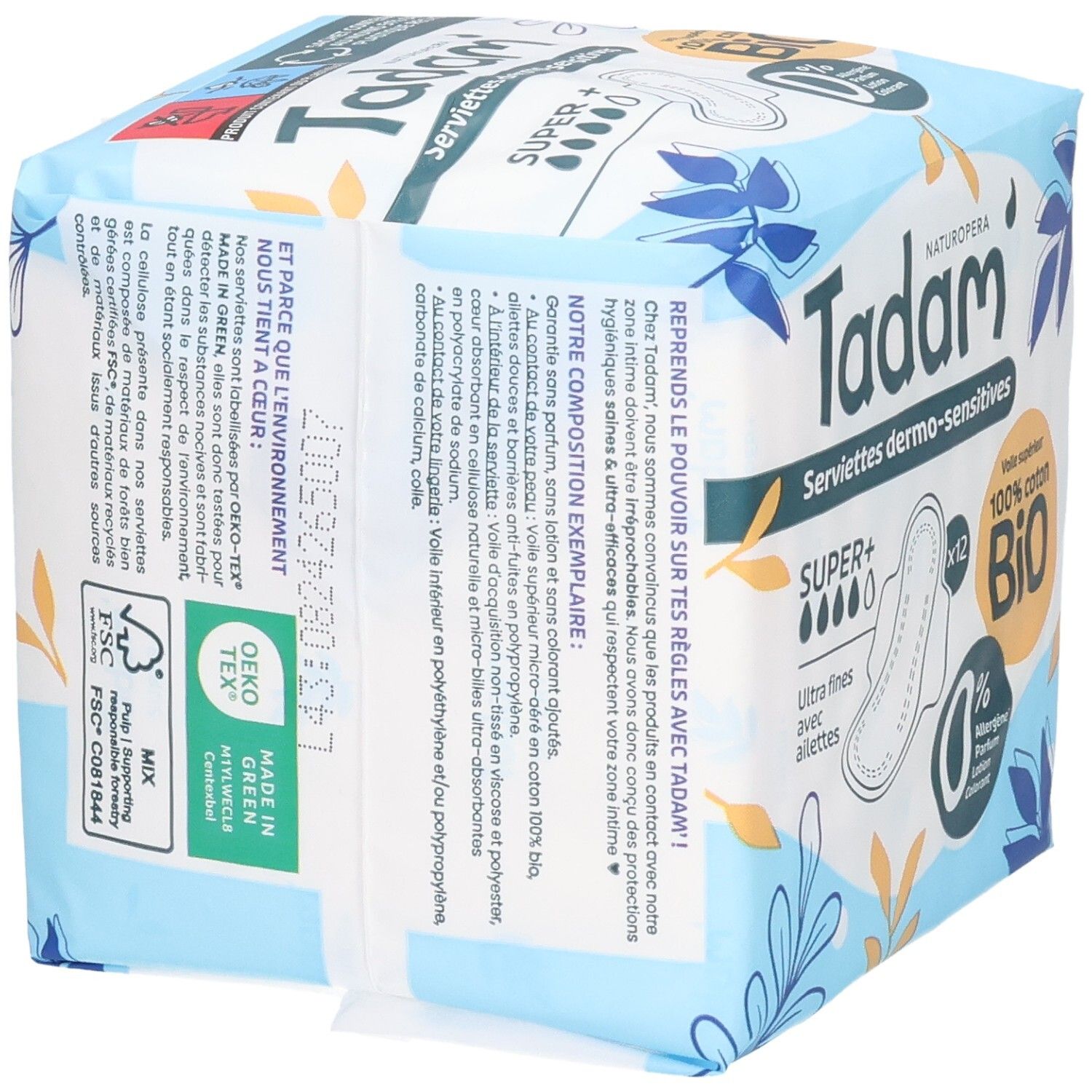 Verpackung Tadam Serviettes Dermo-Sensitives Super+, 12 ultrafeine Slipeinlagen mit Flügeln, 100% Bio-Baumwolle.