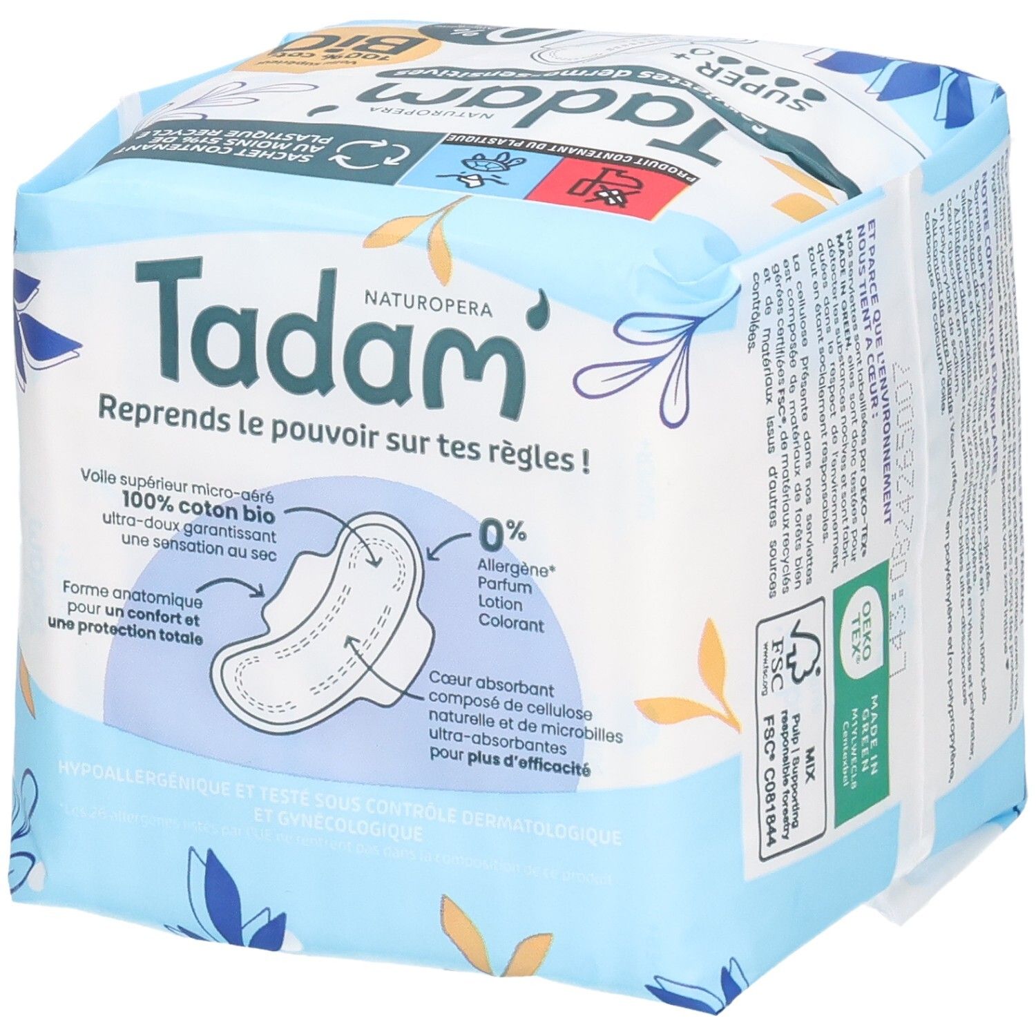 Verpackung Tadam Serviettes Dermo-Sensitives Super+, 12 ultrafeine Slipeinlagen mit Flügeln, 100% Bio-Baumwolle.